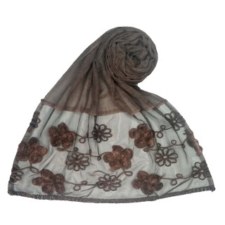 Embroidered floral cotton Hijab - Brown